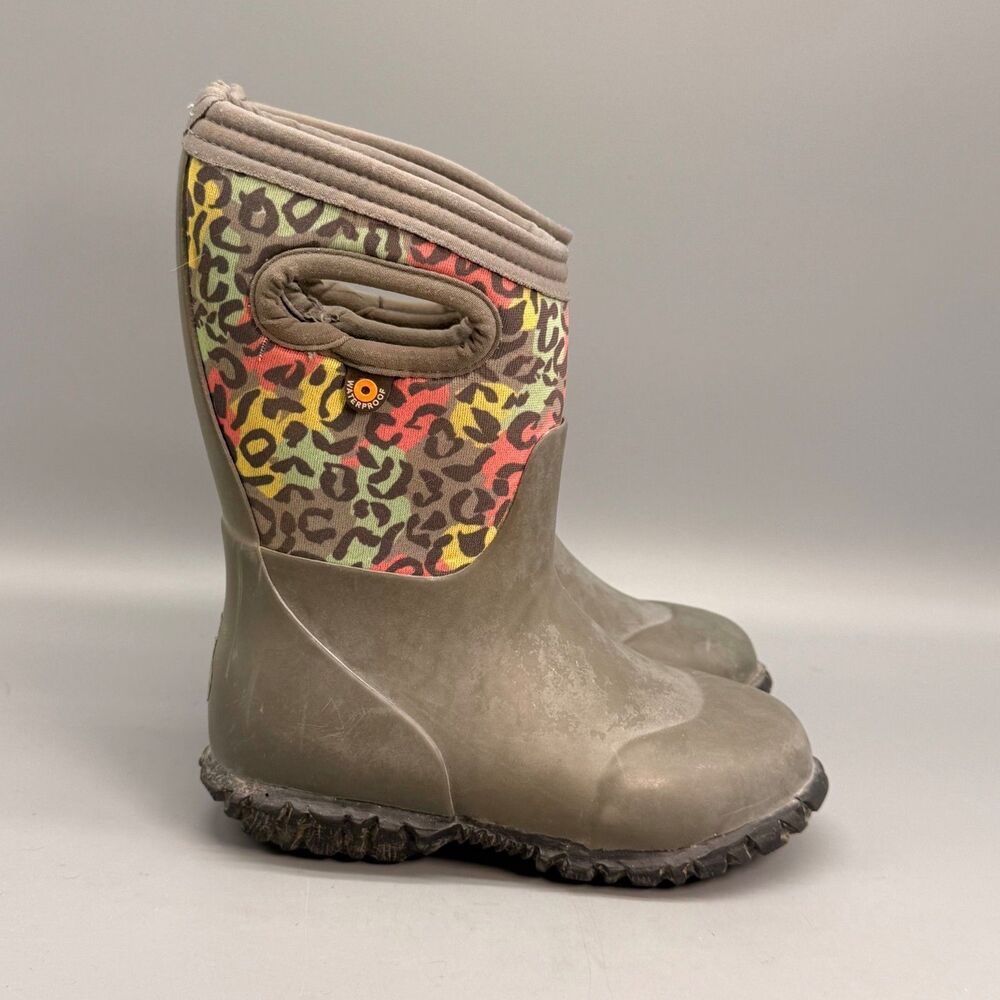 Bogs York Leopard Kids 8 Rainbow Gray Pull On Round Toe Waterproof Rain Boots